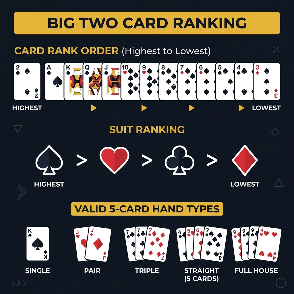Big Two card ranking chart showing rank and suit order