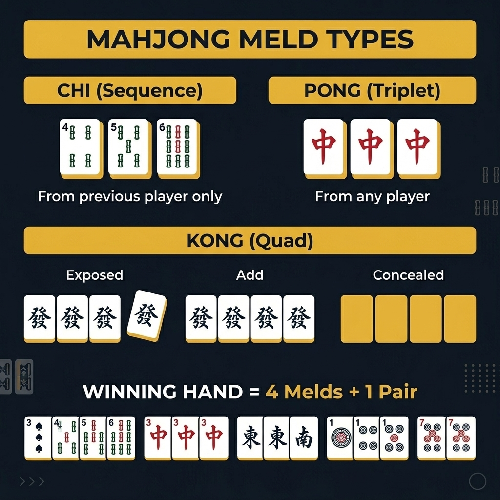 Mahjong meld types: Chi (sequence), Pong (triplet), Kong (quad), and winning hand structure