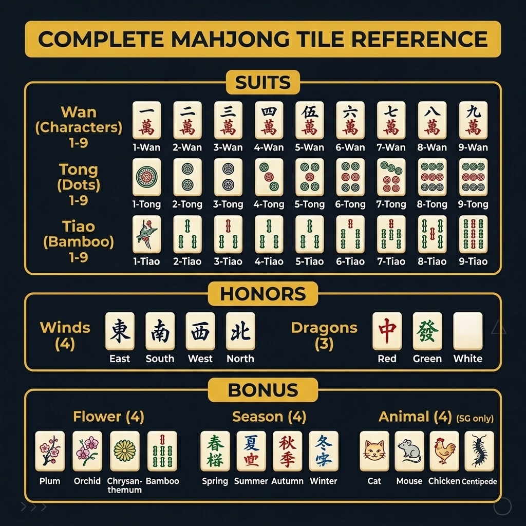 Complete Mahjong tile reference chart showing Suits, Honors, and Bonus tiles